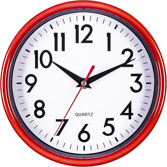 Bernhard Products Red Wall Clock 8" Retro Kitchen Silent Non-Ticking Quality Quartz Battery Operated Round Clock for Office Classroom Bedroom Bathroom Easy to Read