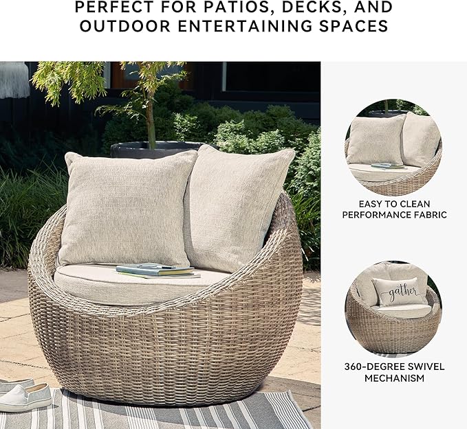 Signature Design by Ashley Danson Outdoor Lounge Chair with Cushion and 360-Degree Swivel, Set of 2, UV-Resistant Performance Fabric and Resin Wicker, Light Brown