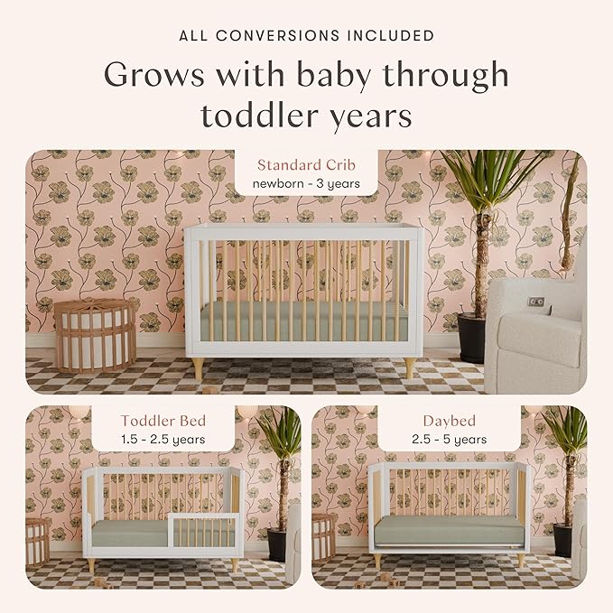 Babyletto Lolly 3-in-1 Convertible Crib with Toddler Bed Conversion Kit in White and Natural, Greenguard Gold Certified