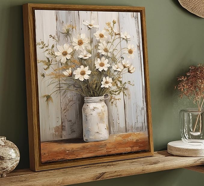 Rustic Farmhouse Daisy Floral Canvas Wall Art Vintage Neutral Country Flower Still Life Botanical Painting Picture Wall Decor Poster Print for Bathroom Living Room Bedroom Home Decoration Unframed