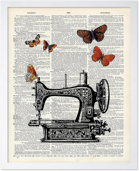 Poster Master Dictionary Art Poster - Sewing Machine Print - Sewing Art - Butterfly Art - Gift for Men, Women & Dressmaker - Chic Decor for Living Room, Bedroom or Office, 11x14 White Framed