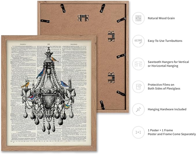 Poster Master Dictionary Art Poster - Antique Chandelier Print - Bird Art - Baroque Art - Gift for Men & Women - Chic Decor for Living Room, Dining Room, Bedroom or Kitchen, 8x10 Beige Framed