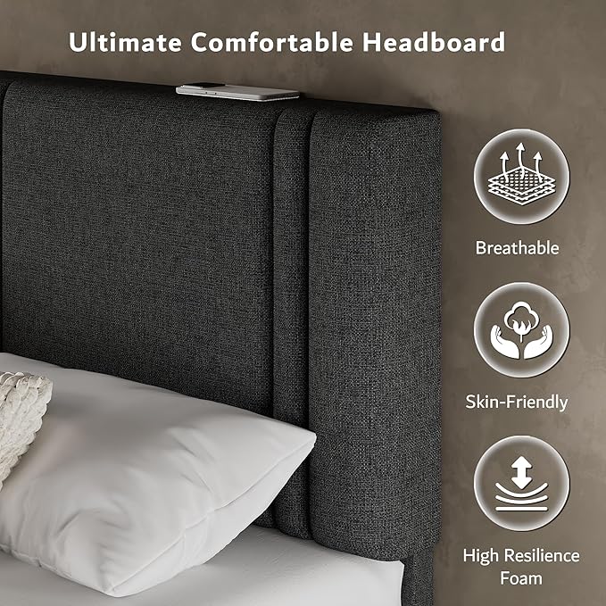 iPormis Full Platform Bed Frame with Fabric Upholstered Headboard & Thickened Legs, Mattress Foundation with Solid Wooden Slats Support, No Box Spring Needed, Noise Free, Dark Grey