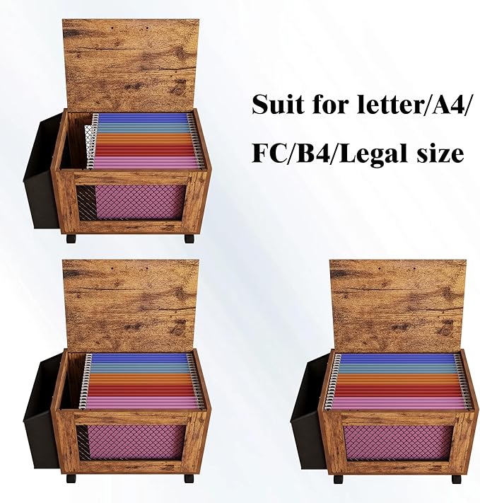 Rolling File Cabinet Cart,Under Desk Small Filing Cabine,Hanging File Organizer Box with Lid,Side Pocket for Letter/Legal Size, Wood Mobile Document Storage Basket for Home Office (Rustic Brown)