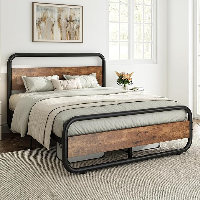 Catrimown Queen Size Bed Frame with LED Lights, Metal Rustic Platform Bed Frame with Wood Headboard and Footboard, Queen Size Platform Bed Frame with Under Bed Storage, Rustic Brown