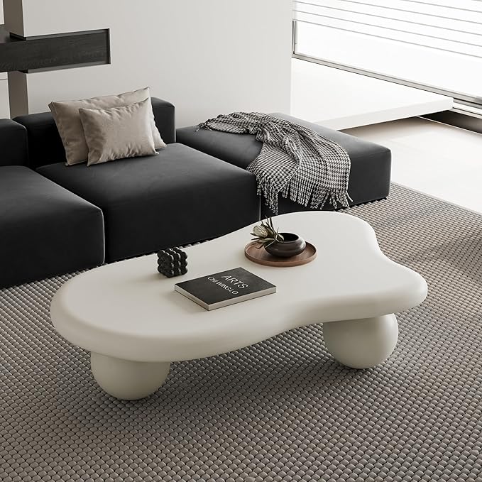 47 Inch Cloud Shaped Coffee Table with 3 Ball Legs for Living Room Cream White