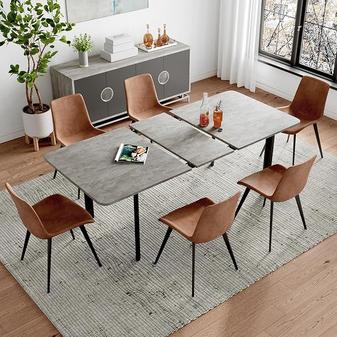 63"- 78.7" Extendable Dining Table with 6 Brown Dining Chairs, Modern Kitchen Table Set for 6, Thickened Expandable MDF Wooden Table with Metal Legs for Dining Room, Kitchen, Home
