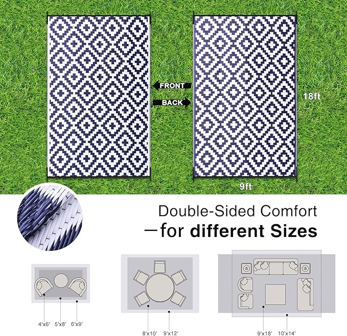 OLANLY Waterproof Outdoor Rug 9x18 ft, Outdoor Plastic Straw Rug for Camping, RV Mat Outside, Indoor Outdoor Carpet for Porch, Deck, Backyard, Balcony, Picnic, Navy & White