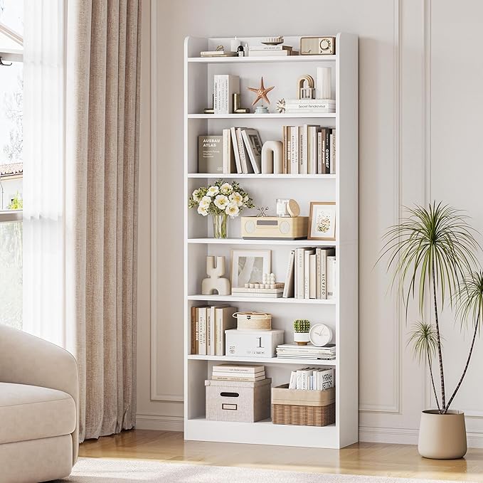 Yaheetech 7-Tier Open Bookcase and Bookshelf, Modern Simple Floor Standing Display Storage Shelves with Top Open Compartment for Home Office, Living Room, Bed Room - White