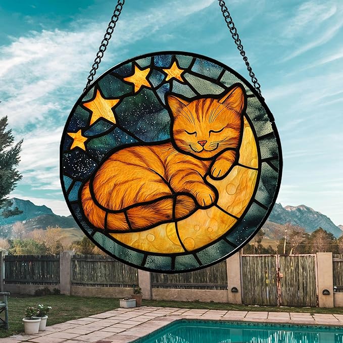 Stained Glass Window Hanging - Orange Cat Sun Catcher for Door Home Decor Stars and Moon Suncatcher Christmas Mother's Day Birthday Loss of a Pet Gifts for Women Men Mom Nana 15 in