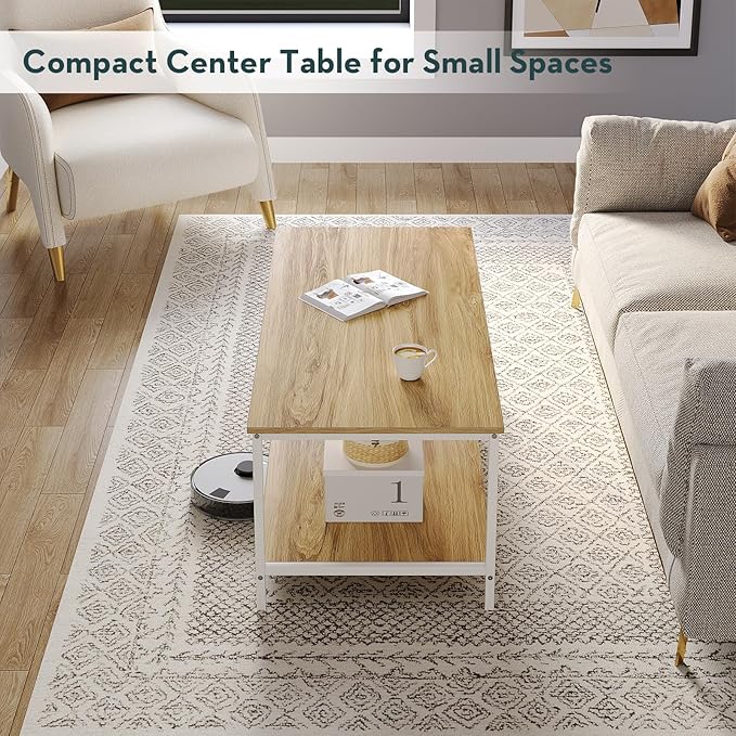 SAYGOER Coffee Table with Storage 2-Tier Industrial Center Table for Living Room, Rectangle Wood Table for Small Spaces Apartment Home Office, Oak White