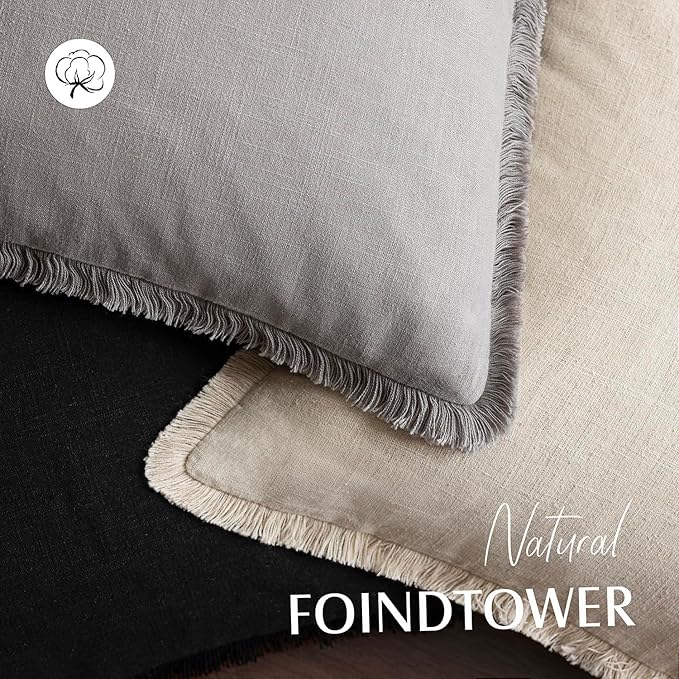 Foindtower Set of 2 Decorative Linen Fringe Throw Pillow Covers Cozy Farmhouse Cushion Cover with Tassels Accent Pillowcase for Couch Bed Living Room Home Bedroom Decor,12×24 Inch,Light Rustic Gray