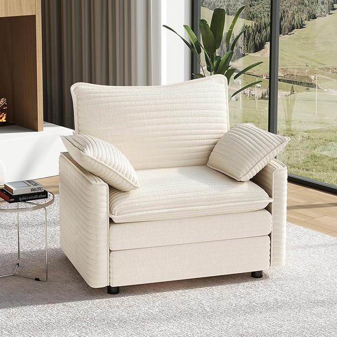 Vesgantti 40" Single Seat Sofa, Comfy Cloud Couch Deep Seat Upholstered Couch Corduroy Modern Sofa with Armrest Pillow, Easy Assembly for Living Room, Bedroom and Apartment, Beige