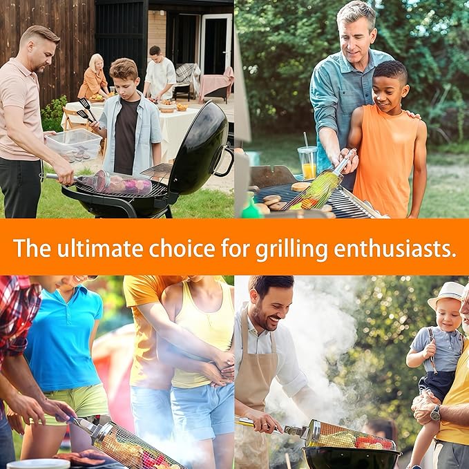 Rolling Grill Baskets (2PCS), 304 Stainless Steel, Silver, Round, Perfect for Veggies, Shrimp, Meats, Father's Day Gift