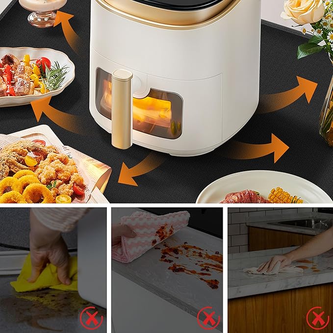 Heat Resistant Mat for Air Fryer Site - 31.5 x 17.7in, Fireproof Silicone Mats for Kitchen Counter, Countertop Protector, Non-slip & Waterproof for Deep Fryer, Oven, Coffee machine (Black)