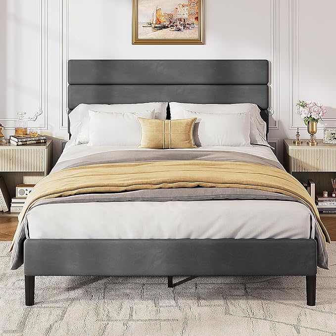 WLIVE Full Size Upholstered Bed Frame, Velvet Square Tufted Headboard,Sturdy Metal & Wooden Slats Support, No Box Spring Needed, Light Grey