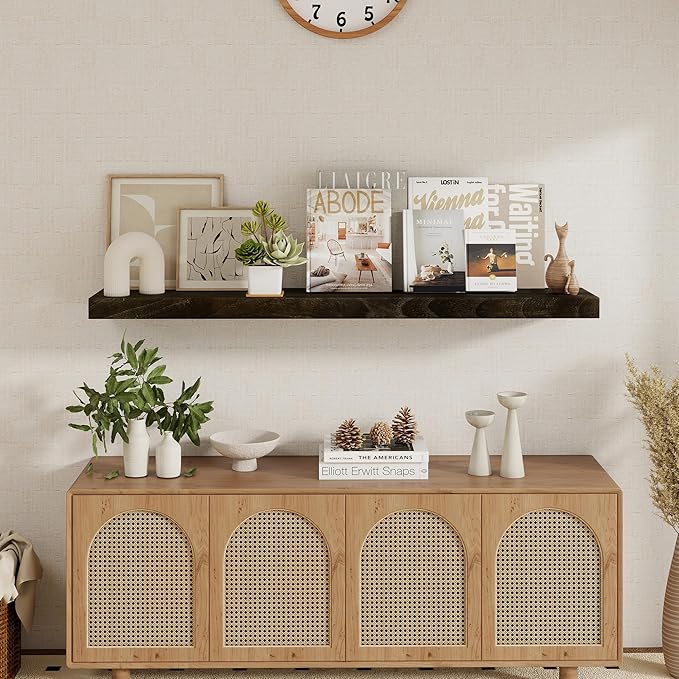 fuqing Floating Shelves for Wall - 48 Inch Natural Wood Shelves Set of 1-48W x 9.3D x 1.6H Wall Mounted Shelves with Upgraded Metal Brackets for Room Wall