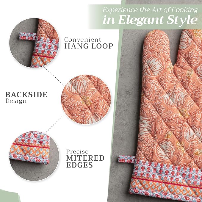 Maison d' Hermine Oven Gloves 100% Cotton Oven Mitt 7" x 13" with Loop Heat Resistant BBQ Cooking Gloves for Thanksgiving Christmas Decorations Baking Handling Hot Pans (Pack of 1, Harvest Festival)