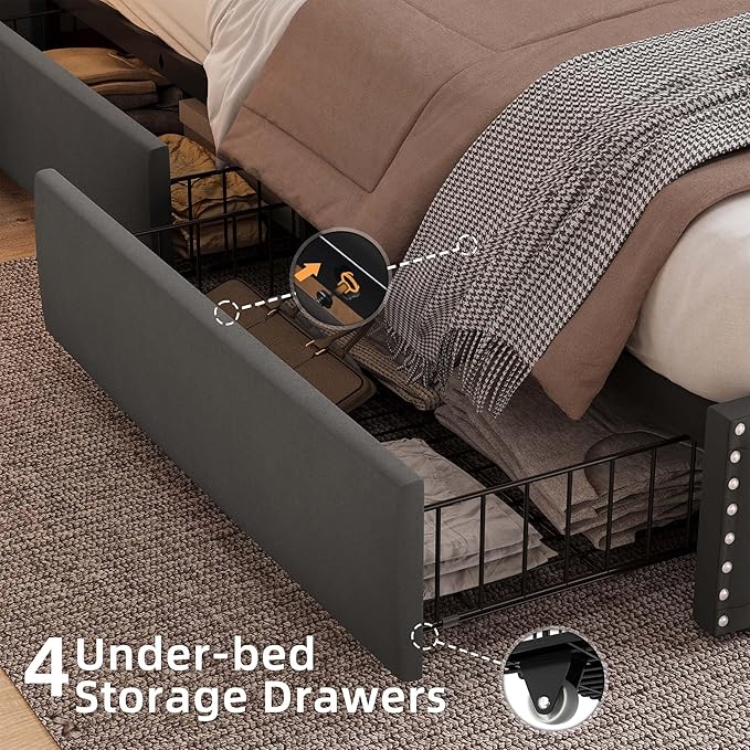 BRELTAM Bed Frame Queen Size with LED and Charging Station Upholstered Velve Tufed Bed Frame with 4 Storage Drawers,Platform Bed with Headboard Heavy Duty Wood Slats, Noise Free, Easy Assembly,Grey