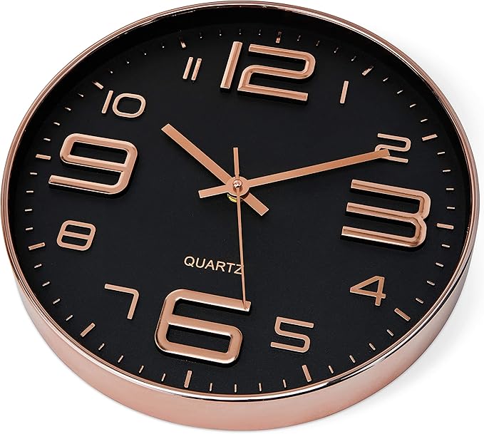 Bernhard Products Black Wall Clock - 12 Inch Rose Gold Silent Non Ticking Quality Quartz Battery Operated Easy to Read Decorative Modern Design for Home/Office/Kitchen/Bedroom/Living Room