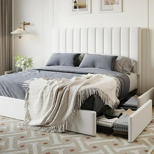 SHA CERLIN Queen Size Platform Bed Frame with 4 Storage Drawers, Vertical Channel Tufted Adjustable Headboard, Velvet Upholstered, Wooden Slats Support, No Box Spring Needed, Easy Assembly, White