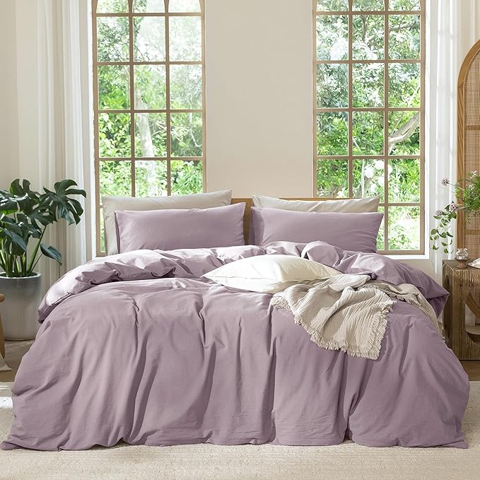 MooMee Bedding Duvet Cover Set 100% Washed Cotton Linen Like Textured Breathable Durable Soft Comfy (Solid Taro Purple, Twin 68"x90")