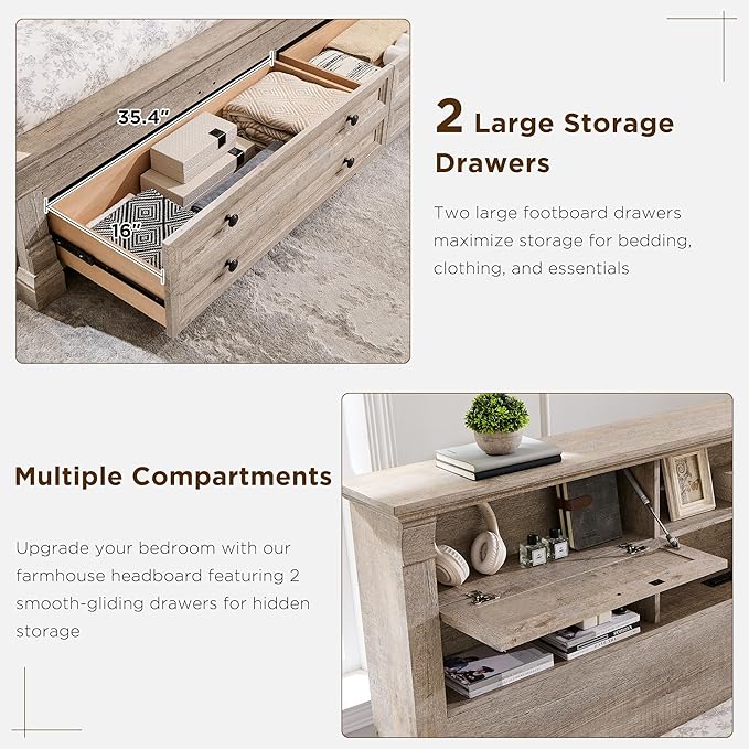 Farmhouse King Size Bed Frame with 54" Tall Storage Bookcase Headboard, 18" Roman Column Decoration Footboard,2 Drawer & 4 Storage Rack, Wood Platform Bed Frame, No Box Spring Needed(Light Rustic Oak)