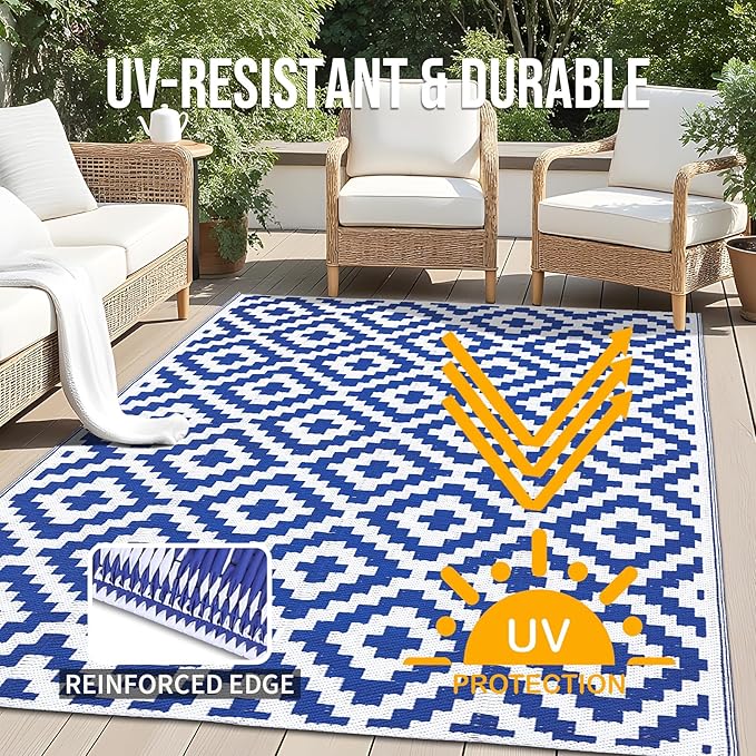 OLANLY Waterproof Outdoor Rug 4x6 ft, Outdoor Plastic Straw Rug for Camping, RV Mat Outside, Outdoor Carpet for Porch, Deck, Backyard, Balcony, Picnic, Blue & White