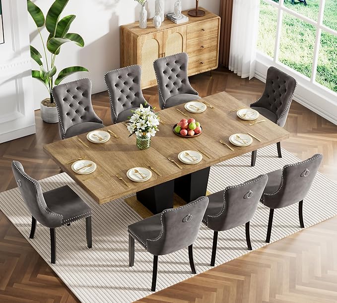 Goujxcy 9-Piece Extendable Dining Table Set for 6-8 People 63-78 Inch Kitchen Table Set with 8 Velvet Upholstered Chairs Farmhouse Rectangular Dining Room Table Set for Kitchen Dining Room Apartment