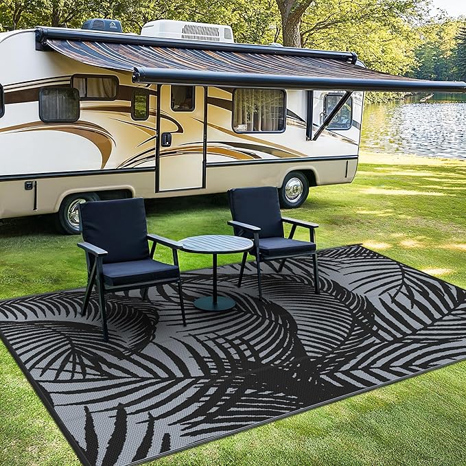 GENIMO Outdoor Rug 9' x 12' Waterproof for Patio Clearance, Reversible Plastic Straw Camping Carpet, Lightweight Mats for Rv, Backyard, Deck, Porch, Picnic, Beach, Balcony, Mix-Black & Gray