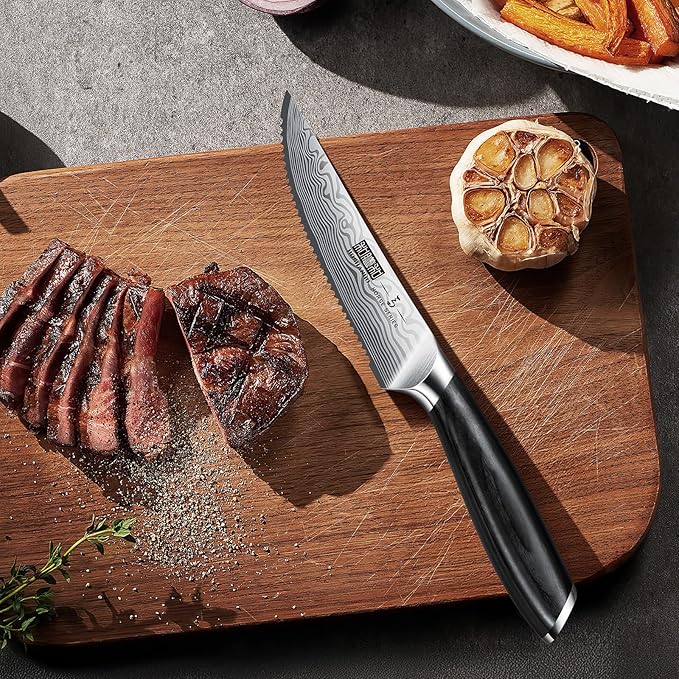 Steak Knives Set of 6, 4.5 Inch Japanese Serrated Steak Knife Set, Ultra Sharp High Carbon Powder Steel Steak Knife with Pakkawood Handle