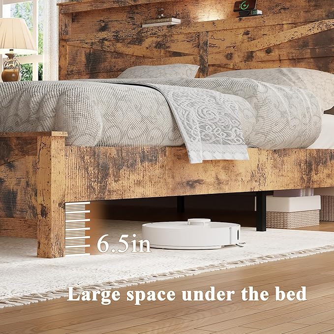 Farmhouse Wooden Bed Frame Queen Size with Storage Headboard, Boho Platform Bedframe with LED Lights and Charging Station, Metal Slats Support, No Box Spring Needed, Brown