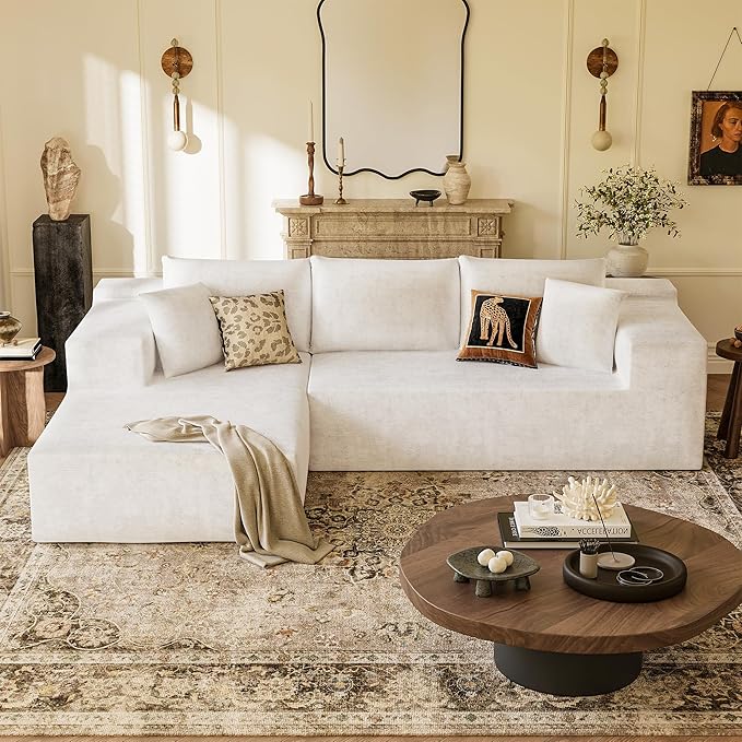 YESHOMY Sectional Couch, 108" Boneless Couches for Living Room, Modular Sectional Sofa with Deep Seat, Cloud Comfy Couch with L-Shape Chaise, No Assembly Required (Chenille, Pearl Cream)