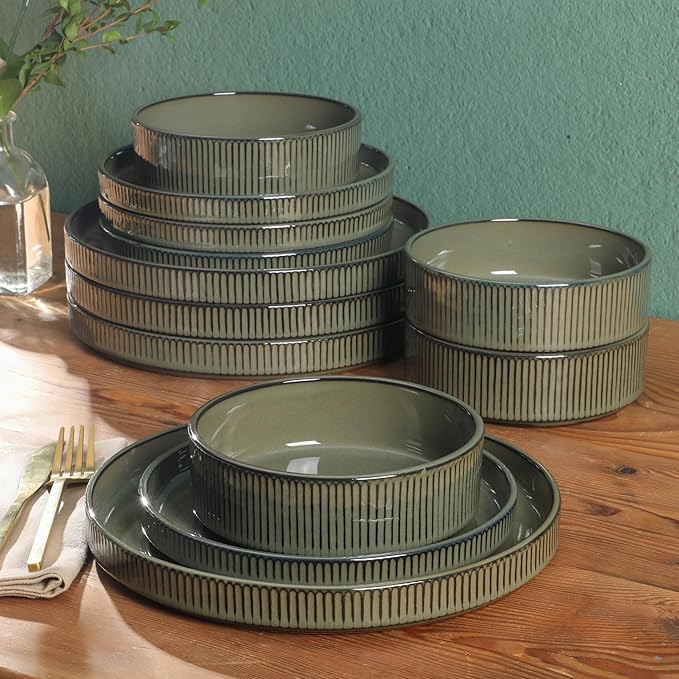 Gibson Elite 12 Piece (Service for 4) Townscape Plates and Bowls Reactive Glaze Embossed Round Dishes Terracotta Ceramic Dinnerware Set - Dark Green