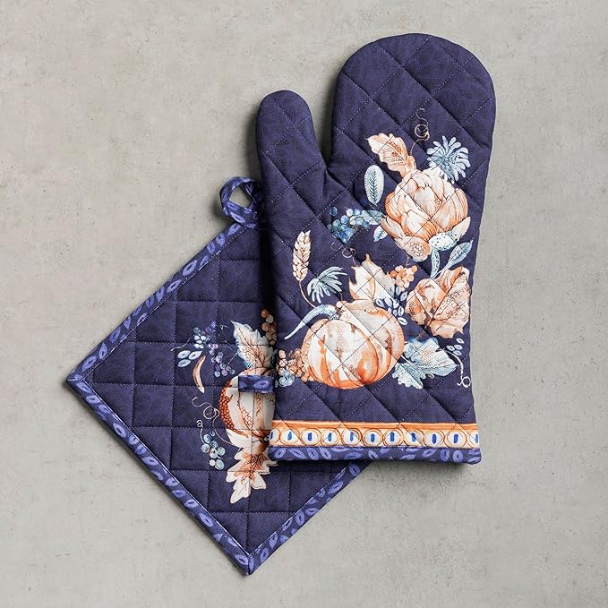 Maison d' Hermine 100% Cotton Oven Mitt & Pot Holder Set (7.5"x13" & 8"x8") Heat Resistant BBQ Cooking Gloves with Loop for Thanksgiving Christmas Decorations Handling Hot Pans (Pumpkin Blues)