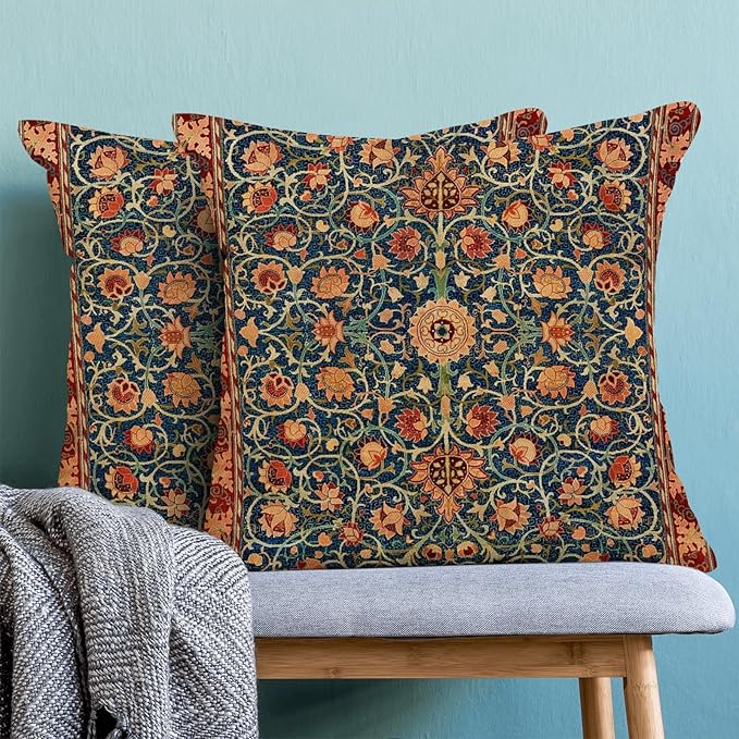 Boho Floral Pillow Covers 24x24 Set of 2, William Morris Flower Pattern Design Decorative Throw Pillows Bohemian Vintage Farmhouse Cushion Pillow Covers for Sofa Couch Bed Outdoor Decor