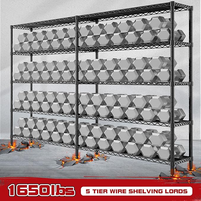 REIBII 73''W Storage Shelves Load 1650 LBS Metal Shelving 5-Tier Wire Shelving Unit for Storage Rack Adjustable Heavy Duty Metal Shelves for Pantry Kitchen Garage, 17.7" D x 73" W x 71" H