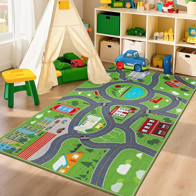 BEQHAUSE Kids Play Mat, Green City Traffic Road Kids Room Rug Great for Playing with Cars, 32”x60” Play Area Rug Car Rugs for Children's Bedroom, Toddler Classroom and Baby Playroom