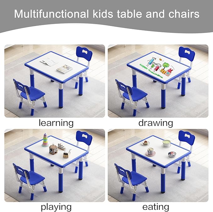 Toddler Table and 2 Chairs, Kids Table and Chair Set Height Adjustable, 31.5''L x 23.6''W Multifunctional Graffiti Desktop for Reading, Drawing, Eating, for Girls & Boys Age 2-10, Blue