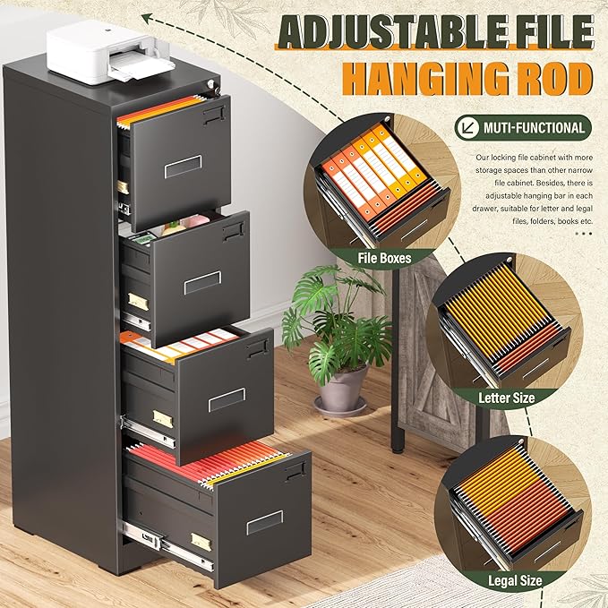 Greenvelly 4 Drawer File Cabinet,Locking Metal Vertical File Cabinet,Office Steel Filing Cabinet for Hanging Letter/Legal Folders,Assembly Required,Black,18" D x 15" W x 52" H