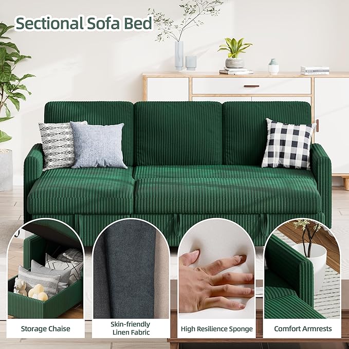 Sofa Bed Sleeper Pull Out 2 in 1 Sectional Sleeper Sofa Couches with Storage, Pullout Sectional Couches for Apartment Living Room,Green