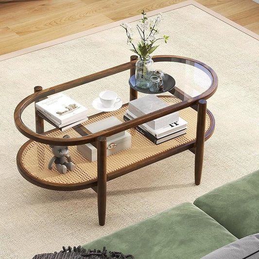 MAT EXPERT Rattan Coffee Table, 2 Tier Boho Oval Living Room Table w/Glass Tabletop Wood Frame & Storage Shelf, 40’’L Mid Century Modern Tea Table, Center Table for Living Room Home Office, Brown