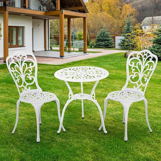 3 Piece Patio Set Outdoor Cast Aluminum Patio Bistro Table and Chairs Set of 2,All Weather Outdoor Bistro Sets with 1.97" Umbrella Hole for Front Porch Set,Garden(White)
