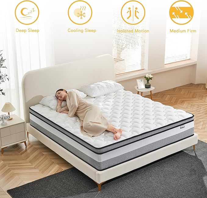 Queen Mattress, 14 Inch Queen Size mattresses | Medium-Plush - Cooling Gel Memory Foam & Zoned Pocket Coils for Pressure Relief, Spinal Alignment & Extra Lumbar Support | Motion Isolation |