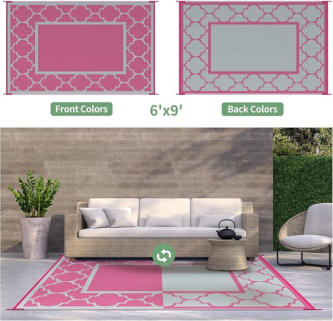 GENIMO 6' x 9' Outdoor Rug Waterproof for Patio Decor, Foldable Reversible Plastic Straw Area Rugs Mat for Camper, Outside Carpet for Rv, Deck, Porch, Picnic, Beach, Balcony, Pink & Grey