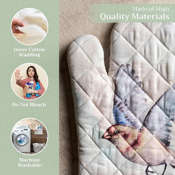 Maison d' Hermine Oven Gloves 100% Cotton Easter Oven Mitt Heat Resistant BBQ Cooking Gloves with Loop for Grilling, Microwave, Barbeque, Flying Birds Spring/Summer (Oven Mitt (7.5''''x13''''))