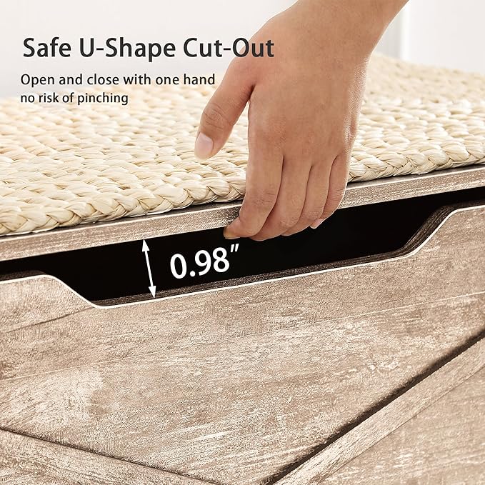 VECELO 30" Farmhouse Style Storage Bench, Entryway Shoe Ottoman, with Handwoven Cushion, with Metal Safety Hinges, for Bedroom, Living Room, Entryway, Light Wood