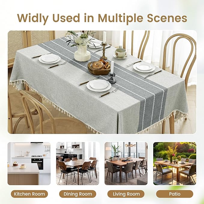 puredown® Rustic Rectangle Tablecloth, Waterproof Cotton Linen Tablecloth with Tassel, Wrinkle Free Farmhouse Table Cloths for Kitchen Dining Outdoor, 55"x102",8-10 Seats, Gray
