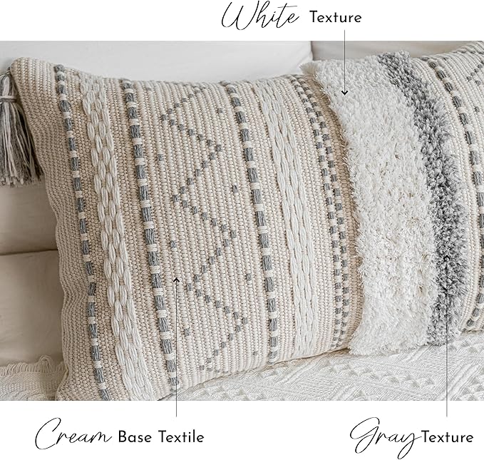 Decorative Lumbar Throw Pillow Cover 12x20 Gray Rectangular Boho Accent Pillowcase Neutral White Farmhouse Cushion for Couch Sofa Bedroom Living Home Décor (Cover ONLY, Pack of 1)