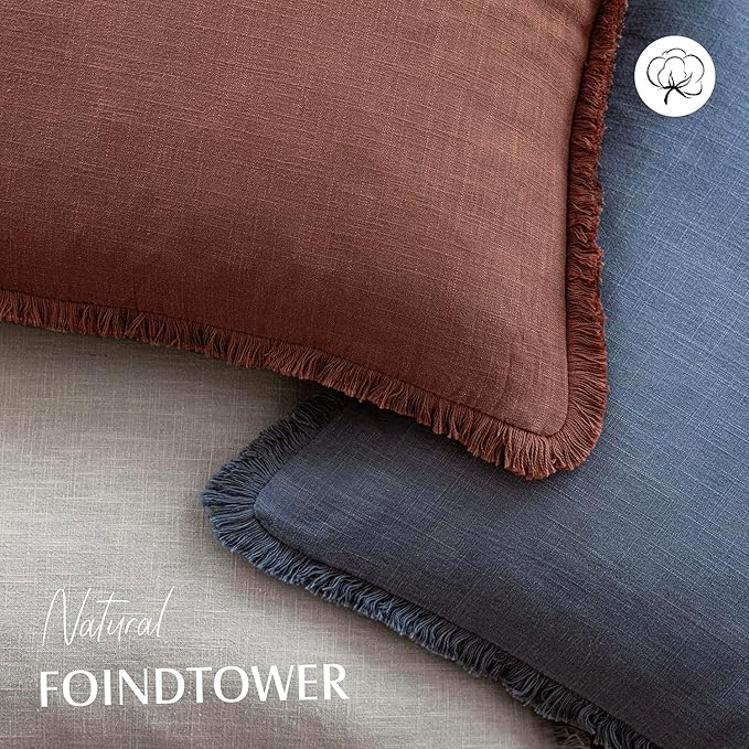Foindtower Set of 2 Decorative Linen Fringe Throw Pillow Covers Boho Farmhouse Cushion Cover with Tassels Accent Pillowcase for Couch Chair Sofa Bed Living Room Home Decor,22×22 Inch,Rust Red
